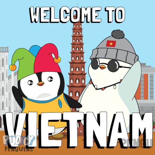 A Welcome To Vietnam Poster With Two Penguins In Front Of A Pagoda GIF