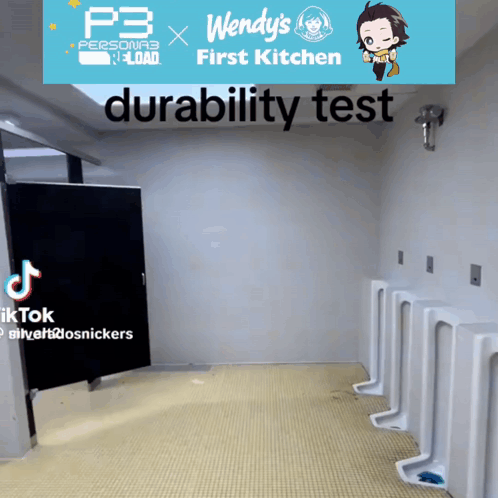 A Wendy 'S First Kitchen Durability Test Is Being Performed In A Public Restroom GIF