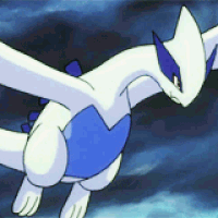 A White And Blue Pokemon With Wings Is Flying In The Air GIF