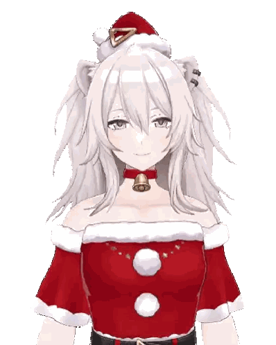a white anime girl wearing a santa hat and a bell around her neck