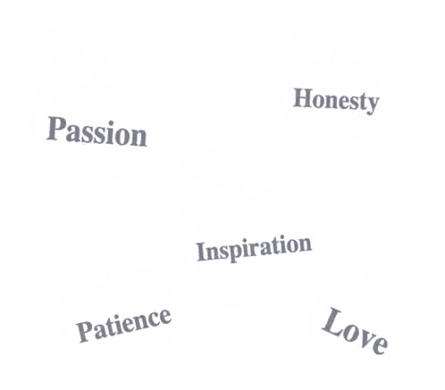 a white background with the words passion honesty patience inspiration and love on it