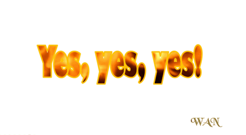 A White Background With The Words Yes Yes Yes Written In Gold GIF