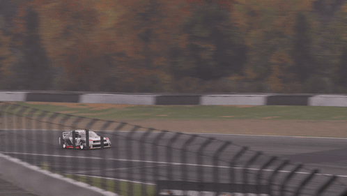 A White Car Is Driving Down A Race Track With Trees In The Background GIF