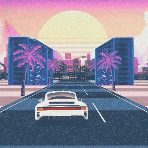 A White Car Is Driving Down A Street With Palm Trees And Buildings In The Background GIF