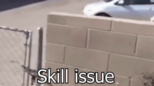 A White Car Is Parked Behind A Brick Wall With The Words Skill Issue Below It GIF