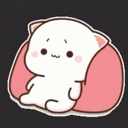 A White Cartoon Cat Is Sitting On A Pink Pillow . GIF