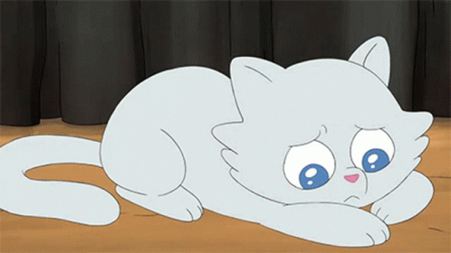 A White Cartoon Cat With Blue Eyes Is Laying On The Floor GIF