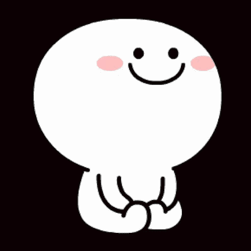 a white cartoon character with a smile on his face is sitting down .