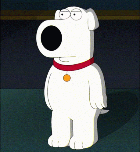A White Cartoon Dog With A Red Collar And A Yellow Tag Around His Neck GIF