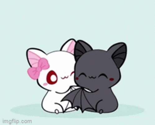 A White Cat And A Black Bat With A Heart Above Them GIF
