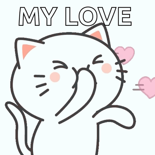 A White Cat Is Blowing A Kiss With Pink Hearts Coming Out Of It 'S Mouth GIF