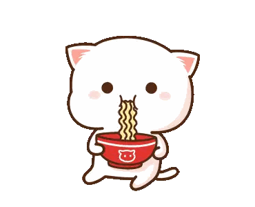 a white cat is eating noodles from a red bowl with a bear on it