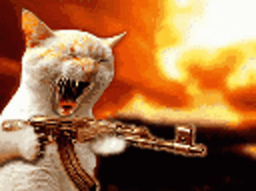 A White Cat Is Holding A Gun In Front Of A Fire Background GIF