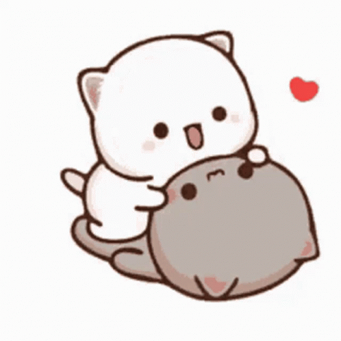 A White Cat Is Hugging A Gray Cat . GIF