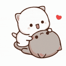 A White Cat Is Hugging A Gray Cat With A Red Heart In The Background . GIF