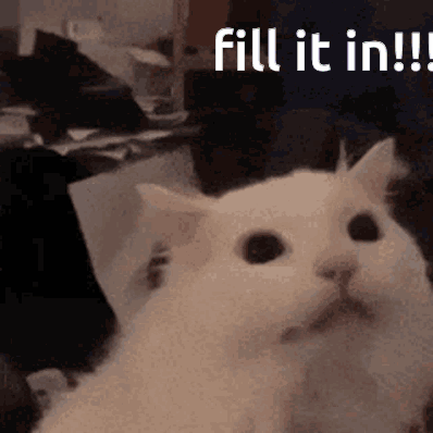 A White Cat Is Sitting In Front Of A Table With The Words `` Fill It In ! '' Written On It . GIF