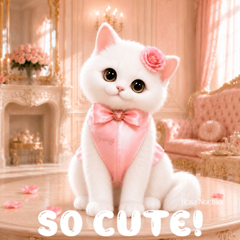 A White Cat Is Sitting On A Table With The Words So Cute Written Below It GIF