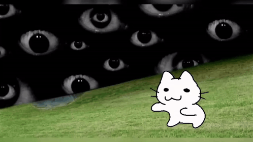 a white cat is standing in a field with a lot of eyes behind it .