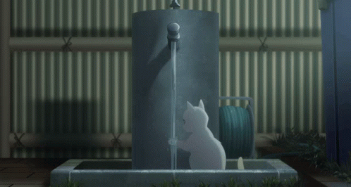 A White Cat Is Standing Next To A Faucet With Water Coming Out Of It GIF