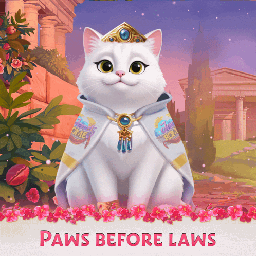 A White Cat Wearing A Cape With Paws Before Laws On It GIF