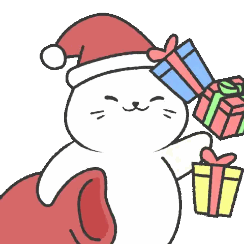 a white cat wearing a santa hat is holding a stack of christmas presents