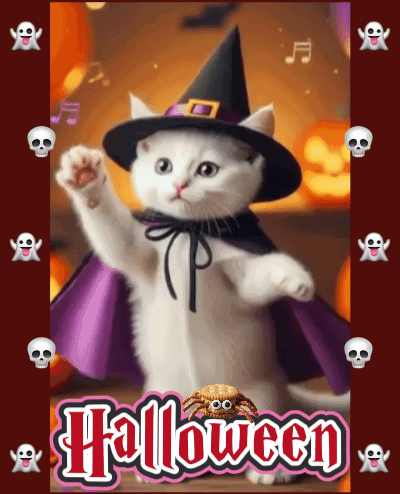 A White Cat Wearing A Witch Hat And Cape Is Surrounded By Skulls And The Words Halloween GIF