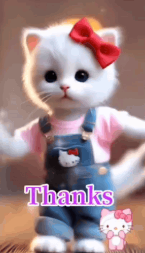 A White Cat Wearing Overalls And A Hello Kitty Shirt Says Thanks . GIF