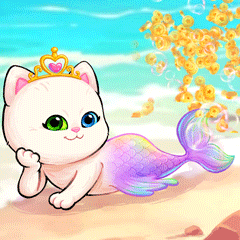 A White Cat With A Crown On Its Head And A Purple Tail GIF