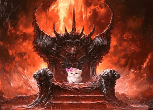 A White Cat With A Pink Bow Sits On A Throne In Front Of A Fire GIF