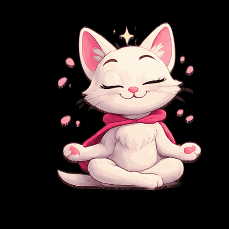 A White Cat With A Pink Scarf Around Its Neck Sits In A Lotus Position GIF