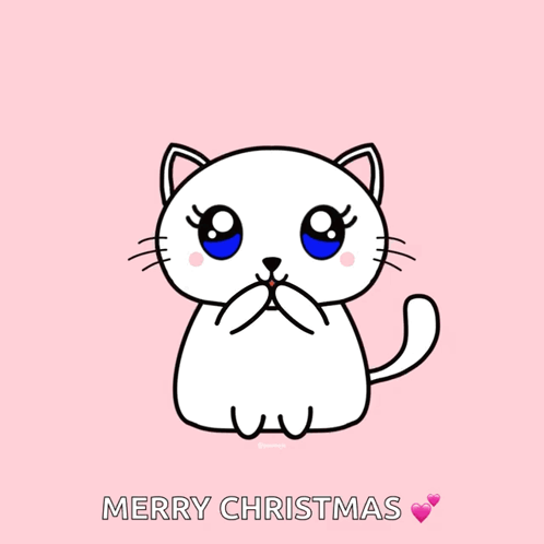 A White Cat With A Red Heart In Its Mouth And The Words Merry Christmas Below It GIF