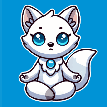 A White Cat With Blue Eyes Sits In A Lotus Position On A Blue Background GIF