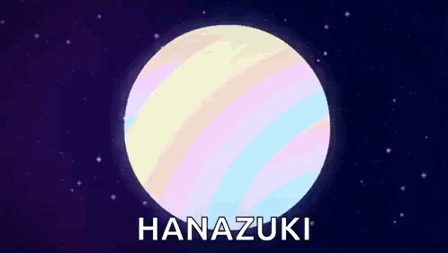A White Circle With The Word Hanazuki Written On It In The Middle Of A Galaxy . GIF