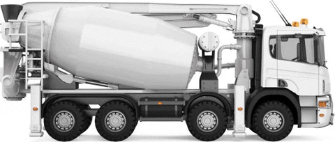 A White Concrete Mixer Truck With A Pump Attached To The Back Of It On A White Background . GIF