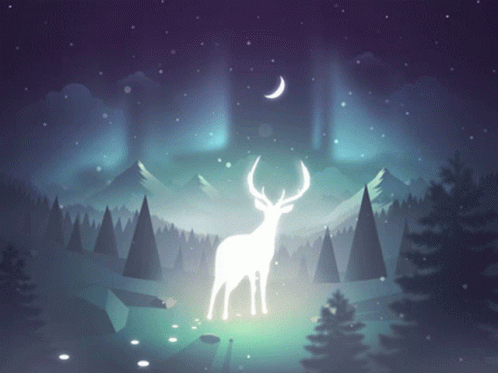 A White Deer Stands In A Forest With A Crescent Moon In The Sky GIF