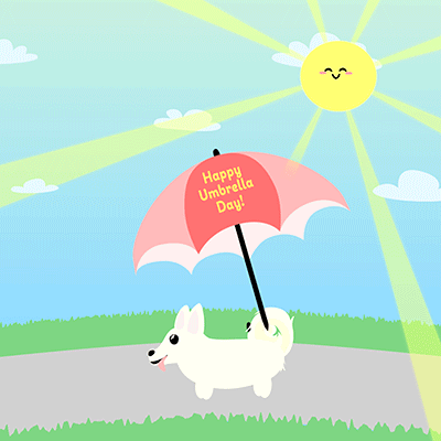 A White Dog Is Holding An Umbrella That Says Happy Umbrella Day GIF