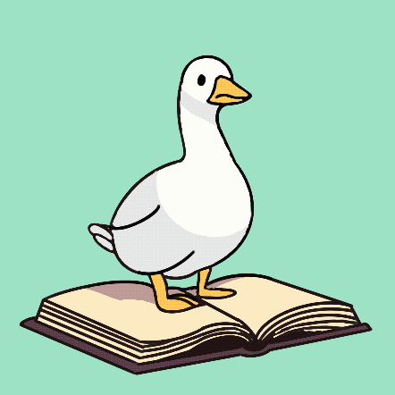 A White Duck Wearing A Purple Witch Hat Stands On An Open Book GIF