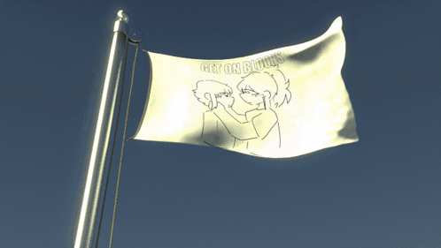 A White Flag With A Drawing Of Two People And The Words " Very Very Proud " GIF