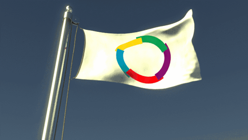 a white flag with a rainbow colored circle in the middle