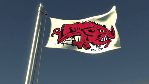 A White Flag With A Red Boar On It And The Letters Tm On It GIF