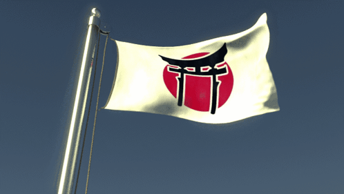 A White Flag With A Red Circle And A Torii Gate On It GIF