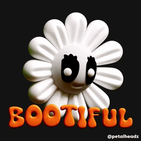 A White Flower With Black Eyes And The Word Bootiful In Orange GIF