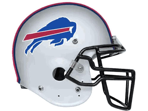 a white football helmet with a blue red and white buffalo logo on it