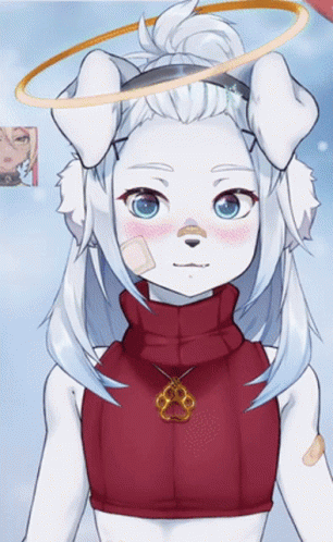 A White Furry Anime Character With A Red Turtleneck And A Paw Print Necklace GIF