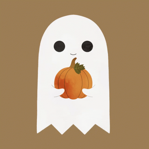 a white ghost is holding a pumpkin with a brown background