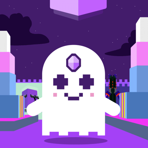 A White Ghost With A Purple Cube In The Middle Of Its Head GIF