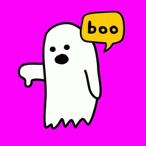 A White Ghost With A Yellow Speech Bubble That Says Boo GIF
