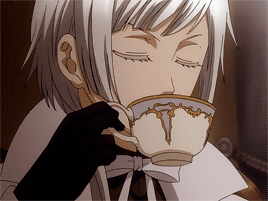 a white haired anime character is drinking from a white cup