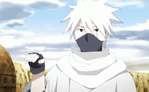 A White Haired Anime Character With A Black Mask On His Face GIF
