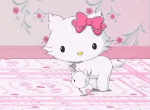 A White Hello Kitty With A Pink Bow Is Walking On A Pink Floor GIF